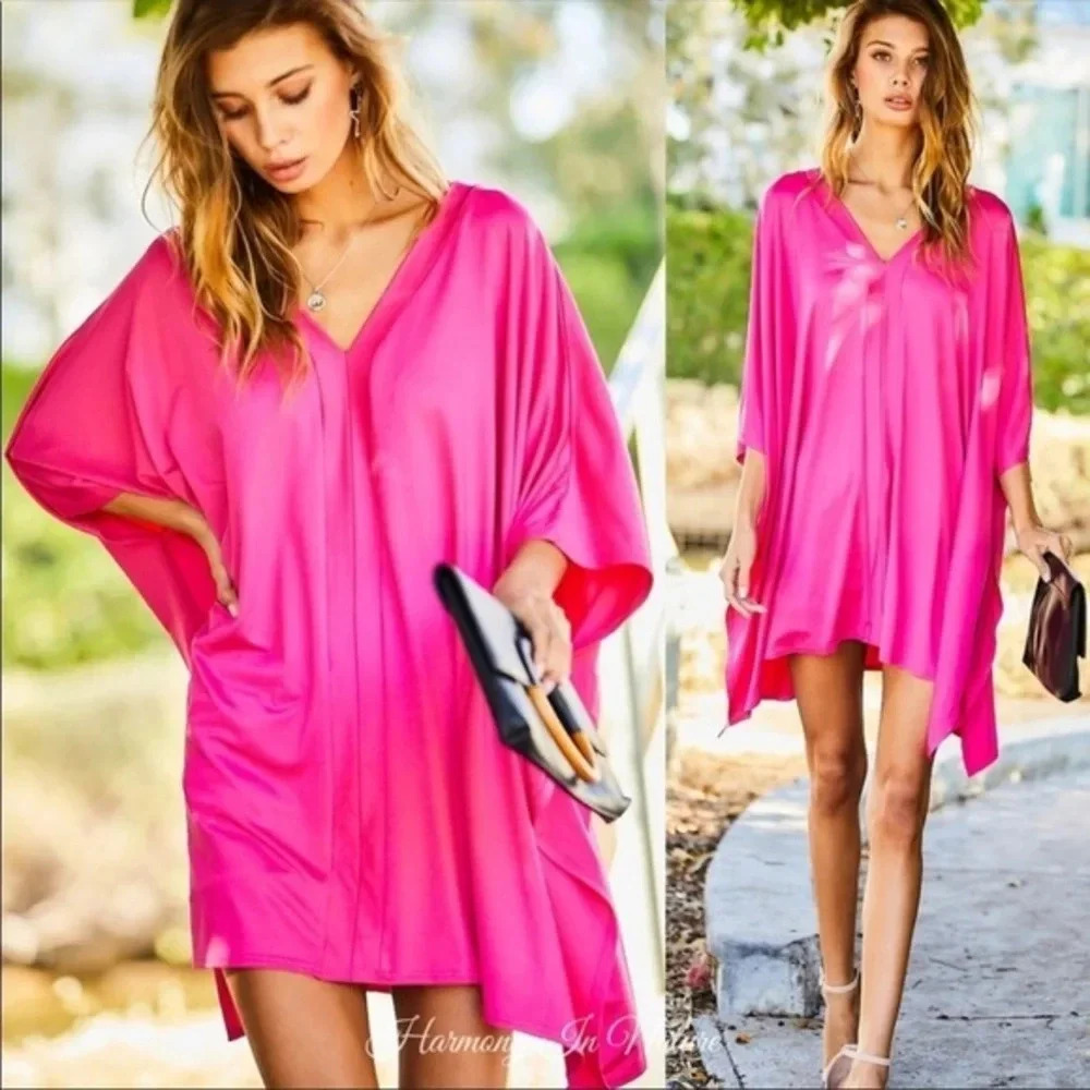 Hot Pink Poncho Tunic Top | Flowy Oversized V-Neck Cover-Up